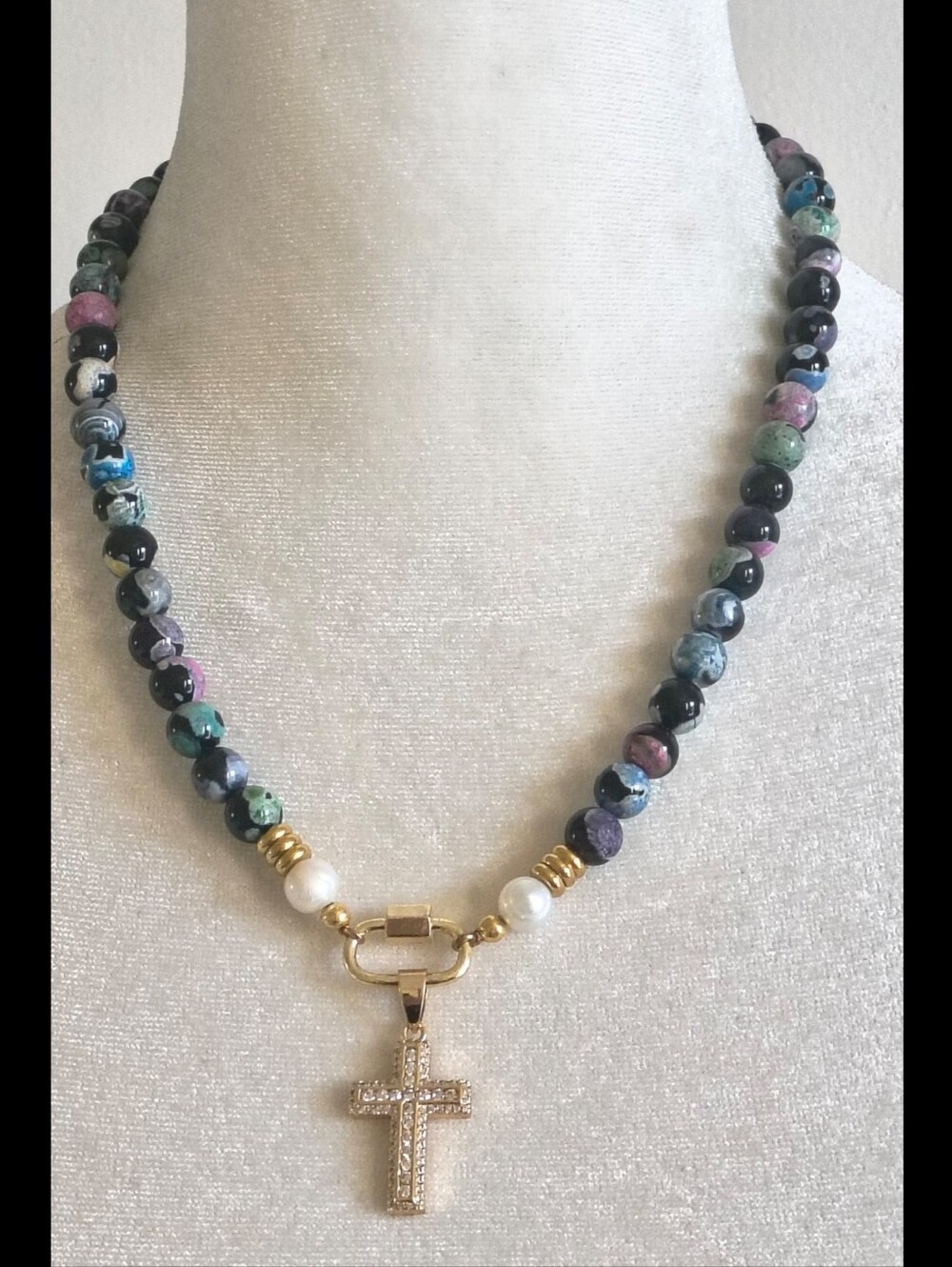 Cross Necklace Rhinestone & Semiprecious Stone Beads